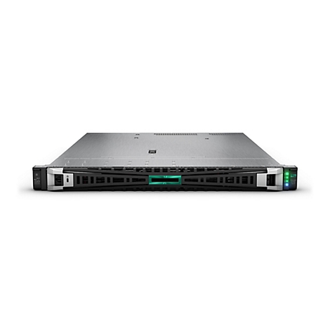 Ein Server mit silberfarbenem Gehäuse. Die Vorderseite zeigt grüne und blaue LEDs sowie Lüfteröffnungen.
