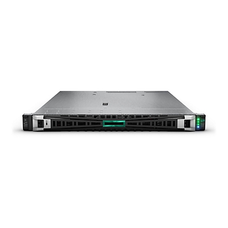 Ein Server mit silberfarbenem Gehäuse vor weißem Hintergrund. Grüne und blaue Lichter an der Vorderseite.