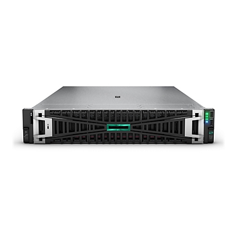 Ein Server-Rack mit schwarzer Front und silberner Oberseite, darauf das HP-Logo und blaue und grüne Lichter. Auf der Front steht ProLiant DL380 Gen11.