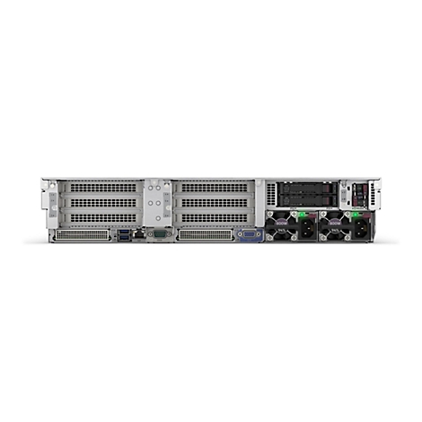 Nahaufnahme der Rückseite eines Servers. Es gibt zahlreiche Anschlüsse, Lüfter und Festplattengehäuse. Im Bild befinden sich zwei Lüfter mit grünen Lichtern. Das Gehäuse ist in einem hellen, metallischen Grau gehalten.