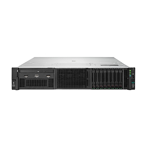 Un serveur en noir et gris, vue de face. La face avant comprend des baies de disques, des ports et un panneau de commande.