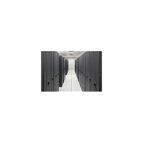 Reihen von Server-Racks in einem Rechenzentrum. Graue Türen bilden Gänge, Deckenbeleuchtung.