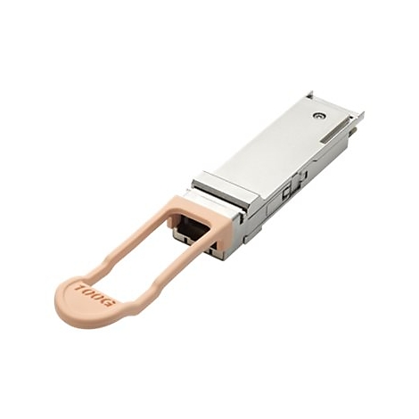 Metallfarbenes Netzwerk-Modul, hellbrauner Griff mit „100G“-Aufschrift.