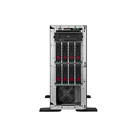 Un serveur tour noir. On peut voir des disques durs, des ventilateurs et des ports.