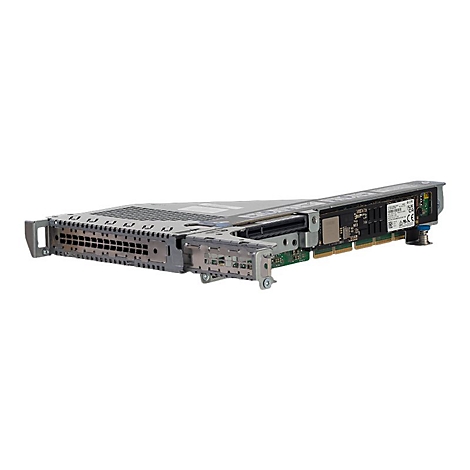 Ein graues Server-Add-on vor weißem Hintergrund. Es hat viele Anschlüsse und elektronische Komponenten.