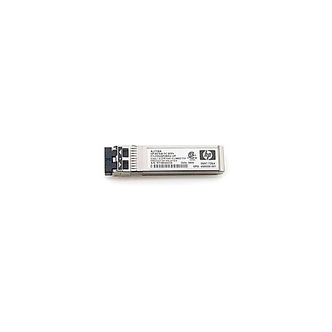 Ein silberner HP SFP+ Transceiver auf weißem Hintergrund. Mit Produktinformationen und Logo.