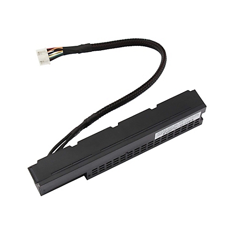 Schwarzes elektronisches Bauteil mit Kabeln und Stecker. Aufschrift auf dem Bauteil.