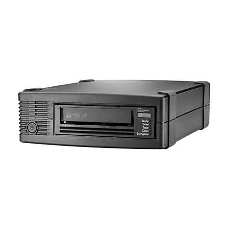 Schwarzes LTO-8-Bandlaufwerk von Hewlett Packard. Es hat ein Bedienfeld mit Anzeigeleuchten und ein Ultrium 8-Logo.