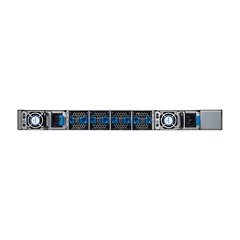 Rückseite eines Server-Netzteils mit zwei Lüftern, Stromanschlüssen und blauen Griffen auf grauem Metallgehäuse.