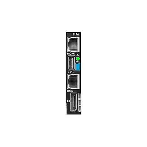 Nahaufnahme eines schwarzen Geräts mit Anschlüssen: FLM, MGMT, LINK, USB und HDMI, zwei Ethernet-Anschlüsse, grün und blau leuchtende LEDs.