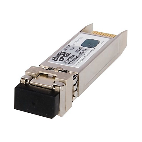 Ein silberner SFP-Transceiver mit schwarzem Stecker, mit HP-Logo und Text.