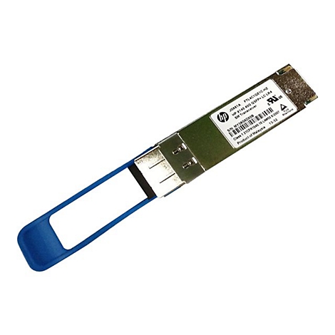 Ein silberner HP-Transceiver mit blauem Griff, Text zeigt Modellnummern und Hersteller. Auf weißem Hintergrund.