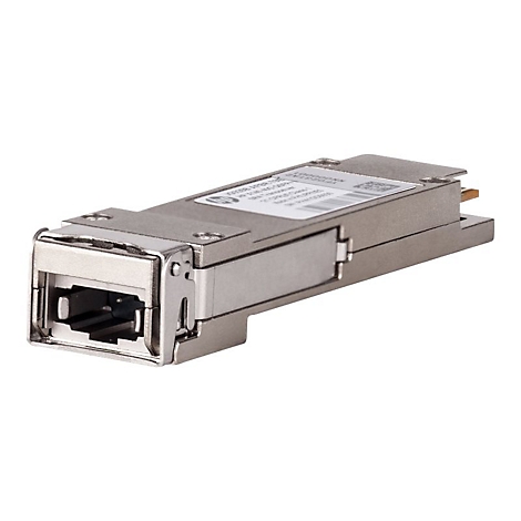 Ein silberner HP SFP-Transceiver vor weißem Hintergrund mit Firmenlogo und Barcode auf der Oberseite.