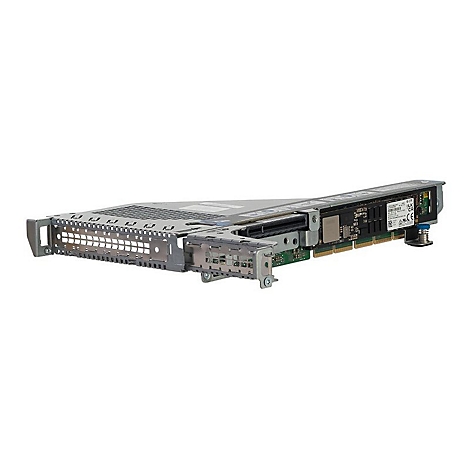 Ein graues Computer-Hardware-Teil. Es ist länglich und hat Metall- und grüne Leiterplatten-Elemente.