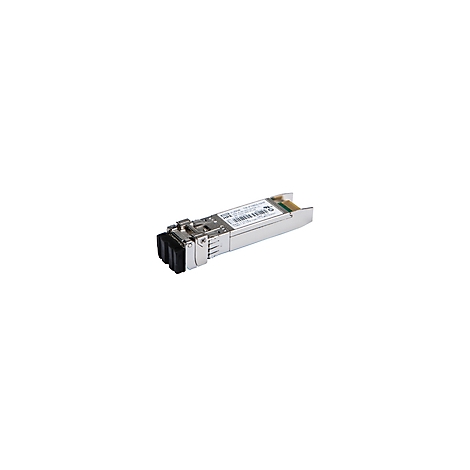 Ein silberner SFP-Transceiver, der Details wie Anschlüsse und Beschriftungen zeigt.