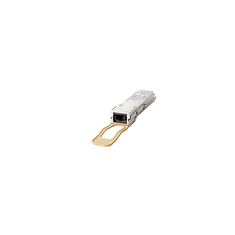 Ein silberner Netzwerktransceiver mit beiger Schutzklappe.