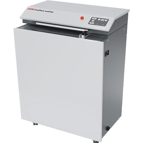 HSM ProfiPack ecoChip kartonverpakkingsmachine in wit en grijs tegen een neutrale achtergrond.