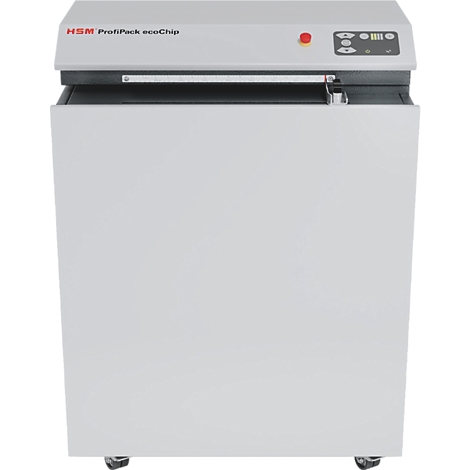 Grijze HSM ProfiPack ecoChip kartonverpakkingsmachine op wielen tegen een witte achtergrond.