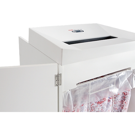 White paper shredder with open door. Shredded paper is visible in the collection container.