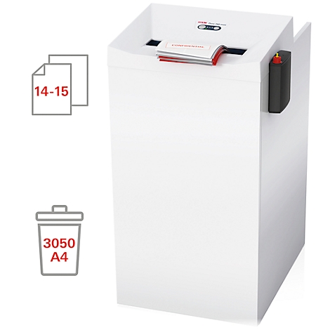 White paper shredder, paper feed with documents, trash can symbol with '3050 A4'.
