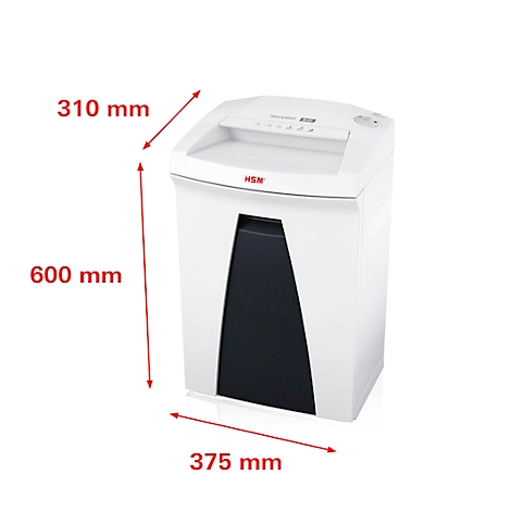 White paper shredder with dimensions 310 mm x 600 mm x 375 mm. The HSM logo is visible.