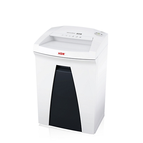 White paper shredder with black bin. Controls and logo on top, sticker 'HSM'.