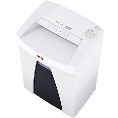White paper shredder, HSM Securio B22, with control panel, paper output, and red HSM logo.