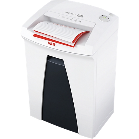 White paper shredder, shredding documents. Black collection container. Inscription: HSM.
