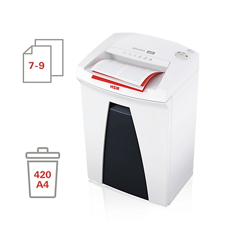White paper shredder with red paper feed, next to icons for paper capacity and collection volume.
