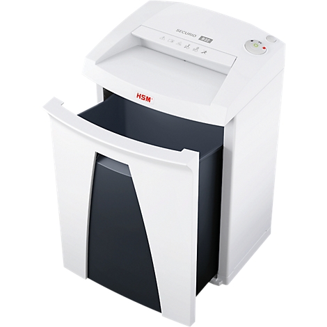 White paper shredder with a black waste container, brand HSM Securio. The device is photographed from the front.