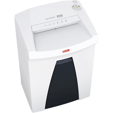 White HSM Securio B22 shredder with dark paper entry. Control buttons and symbols are located on the top.