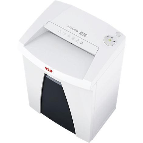 White paper shredder. SECURIOS B22 is written on the top. Dark storage compartment below.