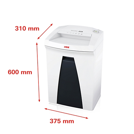 White paper shredder with black elements, dimensions 600 x 375 x 310 mm. "HSM" logo visible.