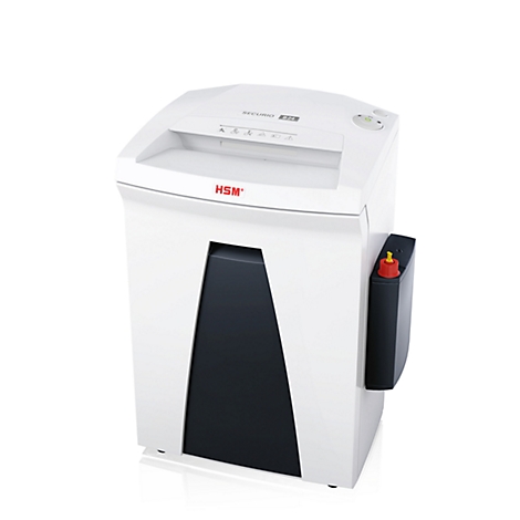 White paper shredder with black slot. Red 'HSM' logo. Black container with red button.
