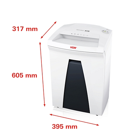 White paper shredder with black elements, dimensions in mm. Logo: HSM.