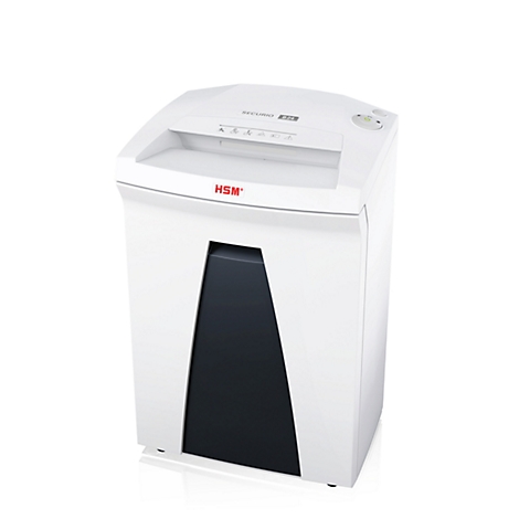 White paper shredder with black chute and red "HSM" logo, standing on a white background.