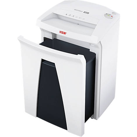 White paper shredder with the waste bin open. The brand name "HSM" is clearly visible.