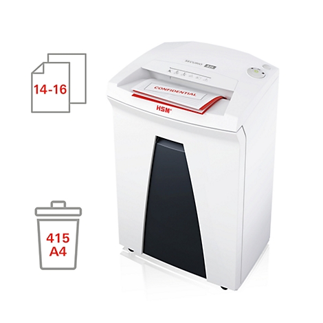 White paper shredder with red 'CONFIDENTIAL' document. Pictograms for page count and trash can.