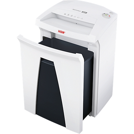 White paper shredder with a black collection box pulled out. "Securo 230" and the "HSM" logo are on top.