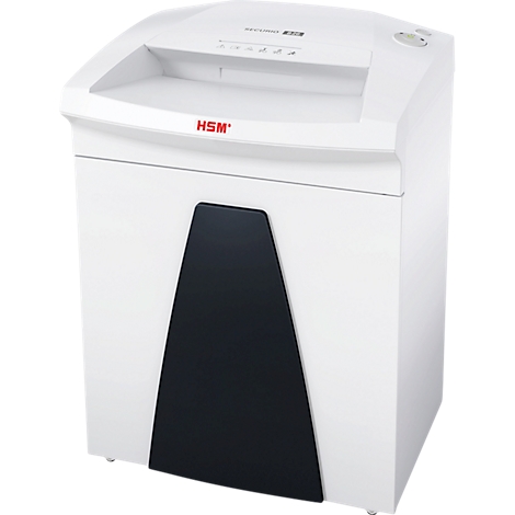White paper shredder with black insert. The "HSM" logo is red. Control buttons on top.