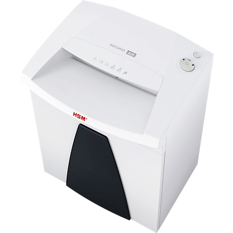 White paper shredder with black accents, control panel, and logo.