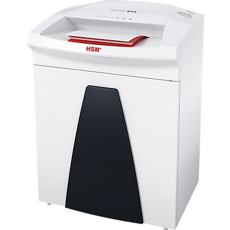 White paper shredder with black insert, red paper being shredded, brand is HSM.