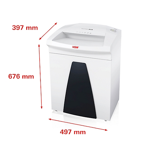 White paper shredder with black front. Size indications in red: 397mm x 676mm x 497mm. Logo 'HSM'.