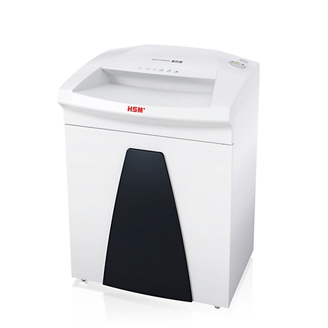 Witte papierversnipperaar met zwarte inzet en rode 'HSM' belettering.