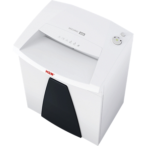 Witte papierversnipperaar met zwarte voorkant en bedieningspaneel. Opschrift: SECURIO B26 en HSM.
