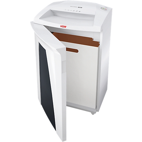 White shredder, door open, brown paper container visible.