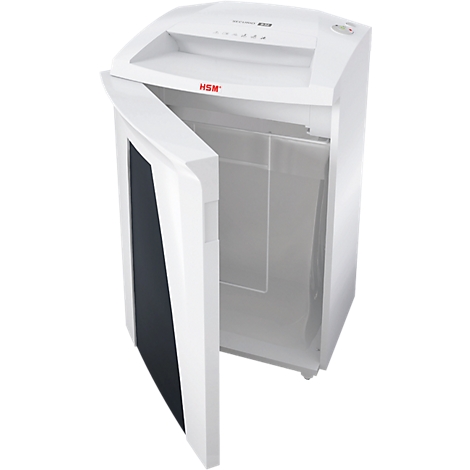 White shredder with open door, view into the paper container. Text 'HSM'.