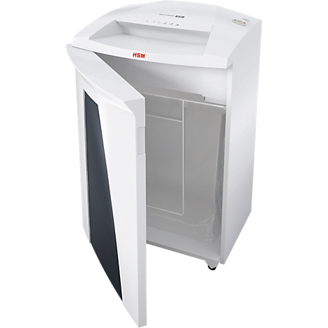 White paper shredder with open door, view inside.