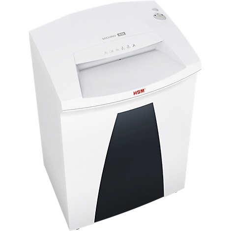 White paper shredder with black accent and red HSM logo.