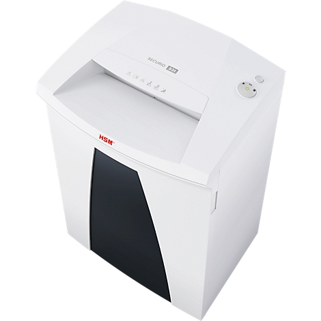 White HSM shredder. There are control buttons and a paper feed at the top. Logo and model name are visible.